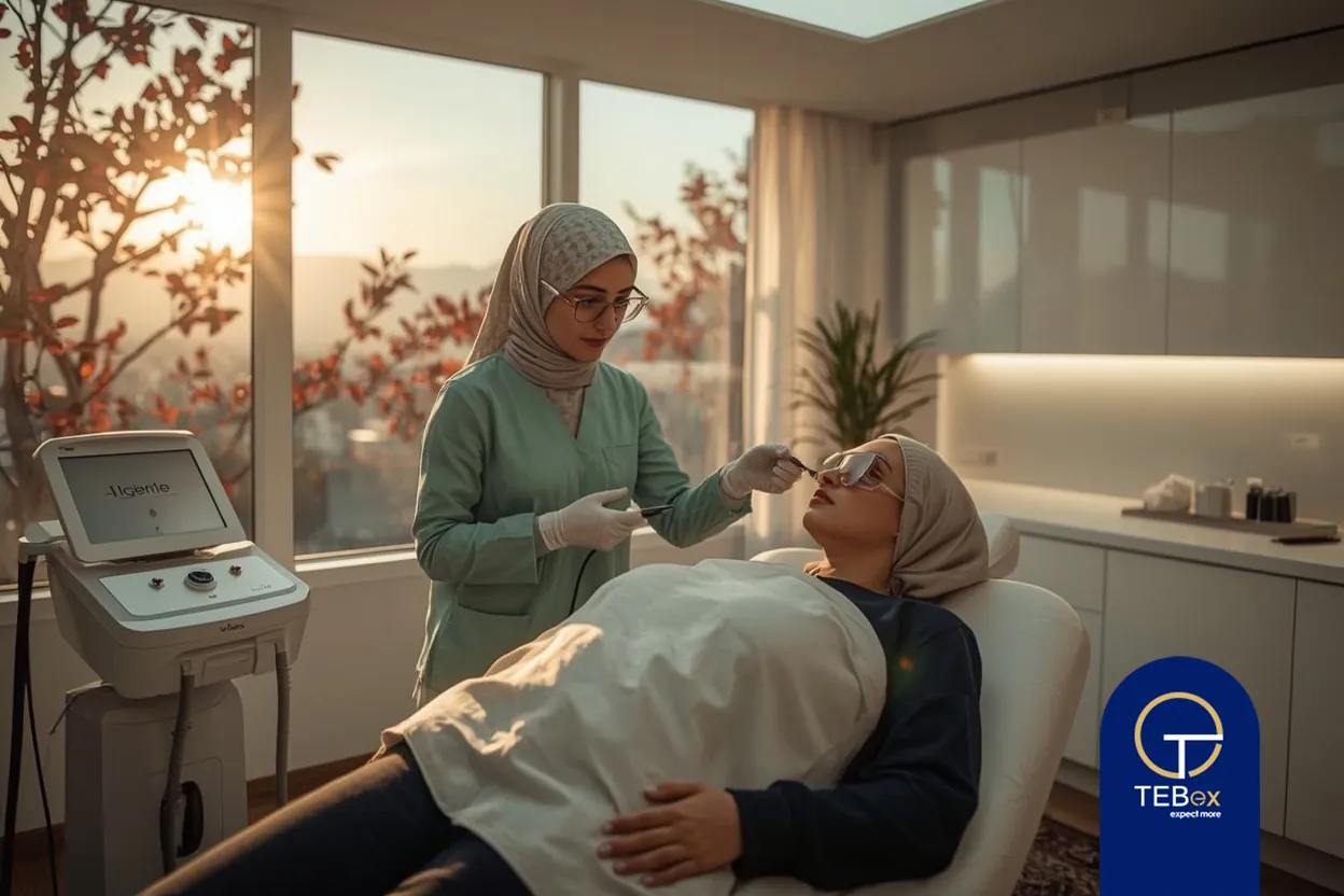 اپراتور لیزر حرفه‌ای در حال کار با دستگاه لیزر موهای زائد