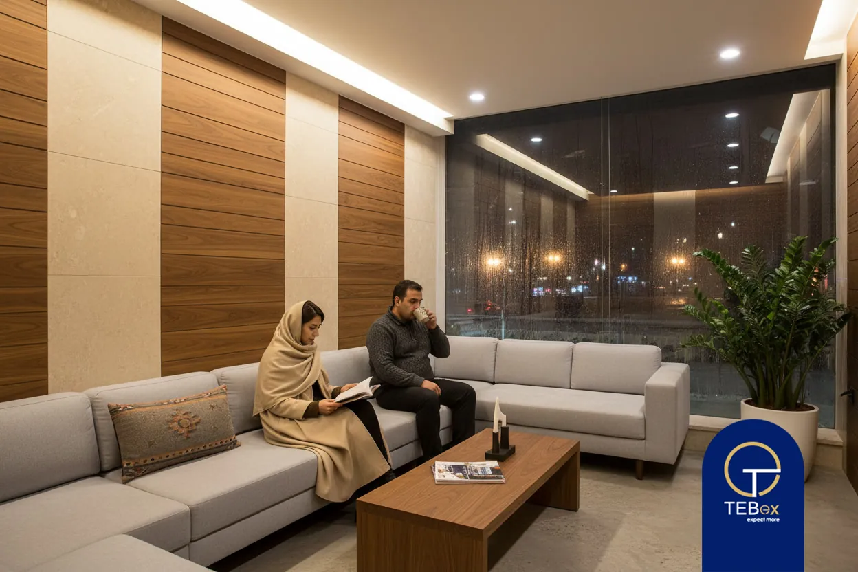 اتاق انتظار و پذیرش کلینیک دندانپزشکی با مبلمان راحت و نور ملایم