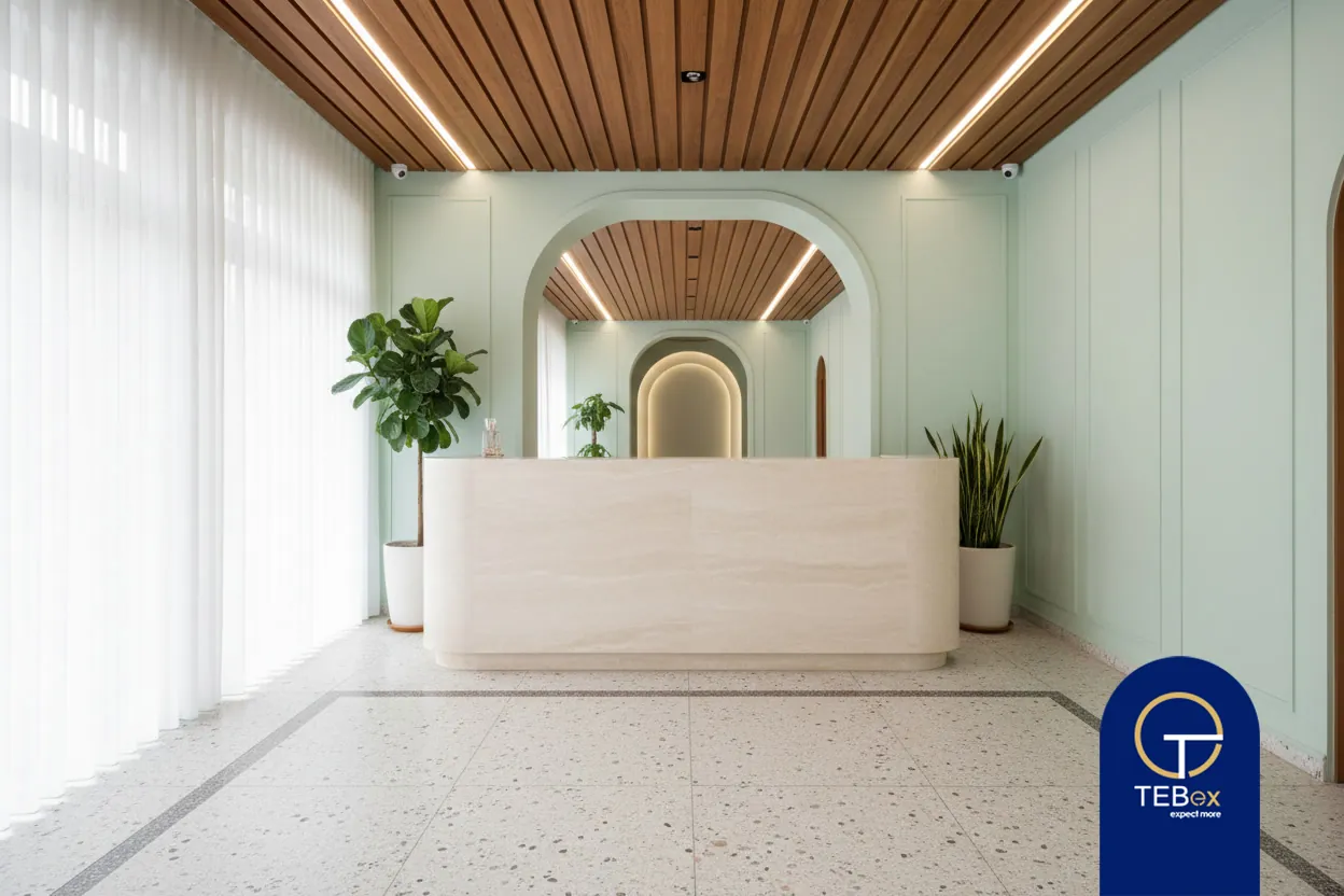 نمای کلی طراحی داخلی کلینیک دندانپزشکی با رنگهای روشن و چیدمان استاندارد